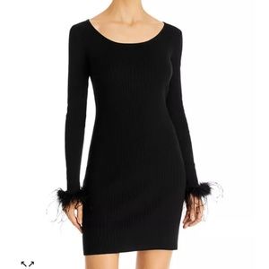 AQUA Bloomingdale’s Black Feather Trim Ribbed Knit Mini Dress